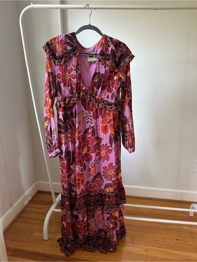 FARM Rio Lavender, Purple & Orange Floral Ruffle Maxi Dress with V-Neck